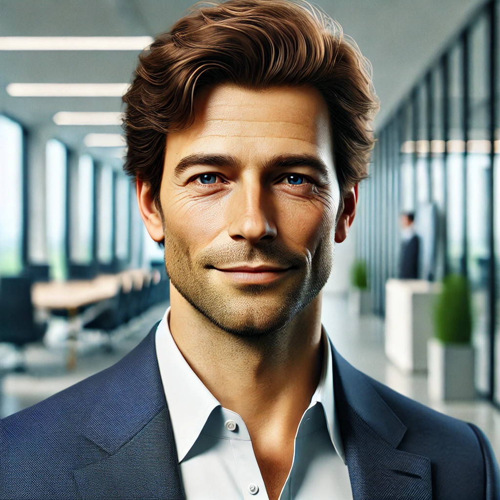 DALL·E 2025-03-02 09.54.42 - A realistic portrait of a professional businessman, Christophe Camborde, in his late 40s, with short brown hair, a confident smile, wearing a navy blu