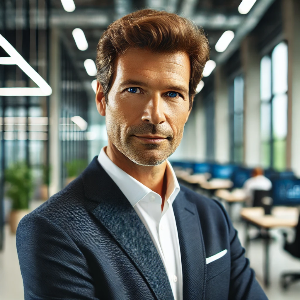 DALL·E 2025-03-02 09.56.26 - A professional businessman in his late 40s with short brown hair, wearing a navy blue suit and white shirt, standing in a high-tech office with a conf